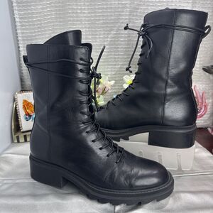 (N6) Zara Combat Boots Leather Womens Size 40/9 USA,Black Lace Up Block Heel